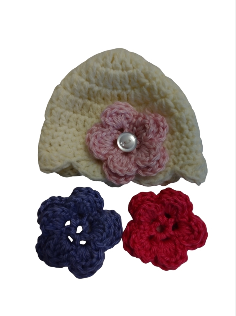 EUC Handmade White/Cream Infant Crochet Baby Hat with Changeable Flower Accents